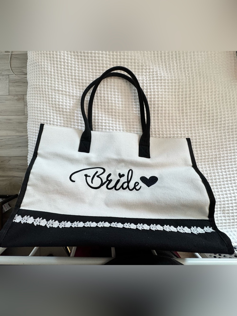 Bride Embroidered Canvas Tote Bag in White and Black